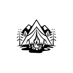 Camping silhouette: Campfire, tent, and mountains in a simplistic black and white style.