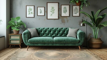Fototapeta premium Elegant Green Velvet Sofa in Modern Living Room with Plants and Artwork