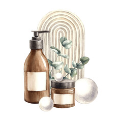 Hair shampoo or body gel, cream in a jar, branches of real eucalyptus, plaster balls and a plaster frame. Watercolor illustration is suitable for branding natural cosmetics, magazines, beauty blogs.