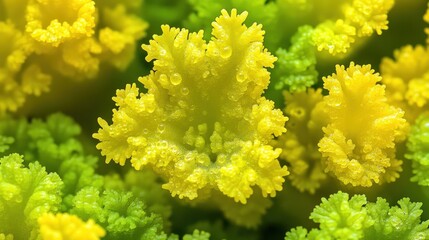 Close-up vibrant yellow-green plant clusters, detailed leaf structures, natural background