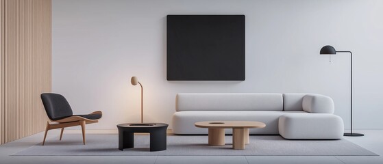 Modern living room with a minimalist design. the room has a white wall with a large black abstract painting hanging on it.