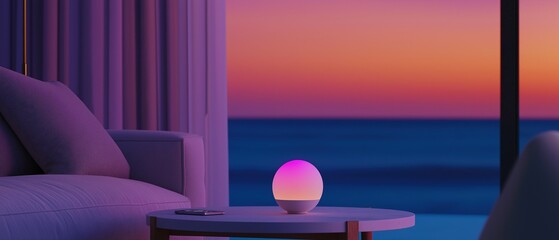 Modern living room with a large window overlooking the ocean. the window has a purple curtain on the left side and a purple armchair on the right side.