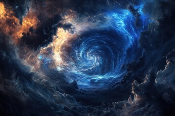 Fototapeta premium Swirling cosmic vortex with brilliant blue and orange hues in a deep space setting
