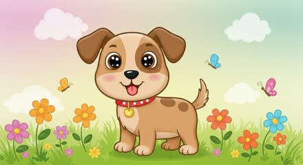Adorable Cartoon Puppy in a Colorful Garden - Playful Dog Illustration with Butterflies, Flowers, and Clouds
