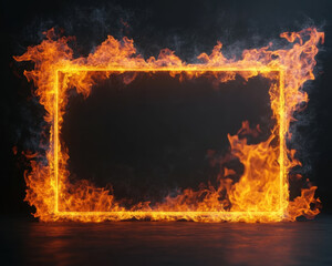 realistic 3D model of burning fire frame isolated on dark background, creating dramatic and intense visual effect. flames dance around edges, enhancing fiery ambiance