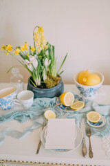 Elegant Invitation Mockup  Mediterranean Table with Lemons and Flowers
