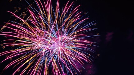 Fototapeta premium Vibrant fireworks display against dark night sky symbolizing new beginnings, dynamic burst of light captured with wide-angle lens, ample copy space for text or design elements.