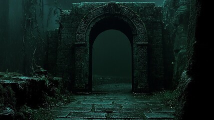 Mysterious stone archway in a dark, overgrown forest.