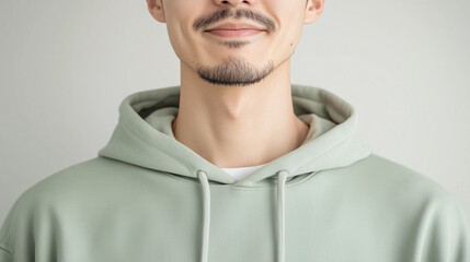 Fototapeta premium 繊細な髭のディテールが魅力的なミントカラーフーディの日本人男性 | モダンでクリーンな印象