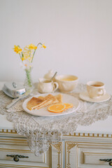 Rustic Breakfast with Crepes and Orange Cream  Cozy Morning Atmosphere
