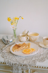 Rustic Breakfast with Crepes and Orange Cream  Cozy Morning Atmosphere