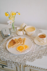 Rustic Breakfast with Crepes and Orange Cream  Cozy Morning Atmosphere
