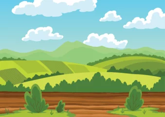 Gordijnen Agriculture farming landscape. Countryside land. Plowing the field on rural landscape background. Farm life, soil cultivation. Vector cartoon illustration © the8monkey