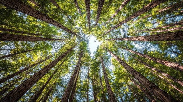 Looking Up Redwood Canopy, a Majestic View of Towering Trees in a Lush Forest Setting