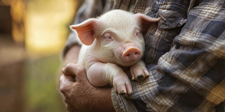 National pig day with cute and playful idea. A person holding a small piglet in their arms.