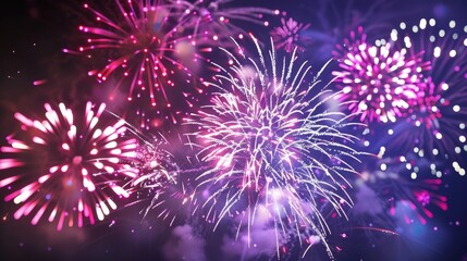 Obraz premium Vibrant fireworks display against dark night sky symbolizing new beginnings, dynamic burst of light captured with wide-angle lens, ample copy space for text or design elements.