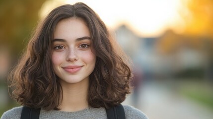 Fototapeta premium Smiling young woman with curly hair stands outdoors in a park during sunset, showcasing a cheerful expression and relaxed atmosphere