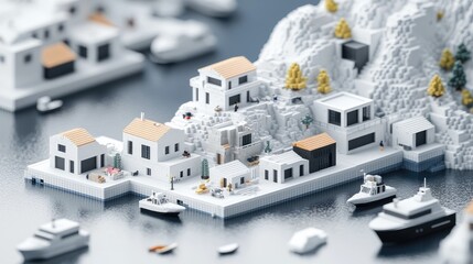 Pixelated Mediterranean Village Scene