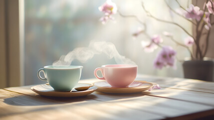 Fototapeta premium ice cream cone with a swirl of soft pink and mint green ice cream, sitting on a white plate with a gentle shadow 