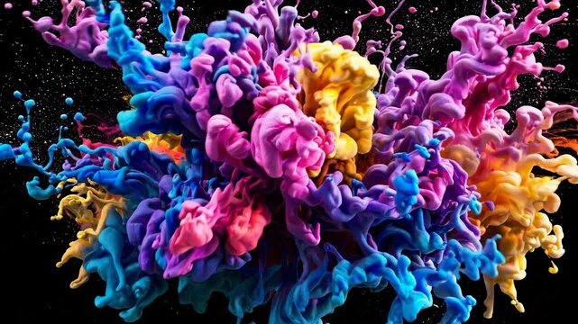 Vibrant explosion of colorful paint in mid-air, captured in a dynamic close-up angle, resembling a mesmerizing video effect on a black background.