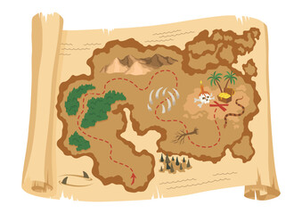 Old treasure or pirate map. Vintage grunge adventure, treasure research game. Worn parchment with land and wind rose. Hand drawn vector illustration