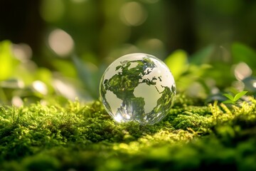 transparent glass globe resting on lush green moss, symbolizing environmental care and global awareness
