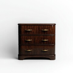 Elegant wooden dresser with three drawers and brass handles displayed on a white background