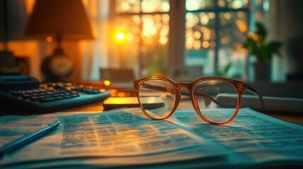 Warm glow of sunset illuminating glasses resting on newspaper in cozy room