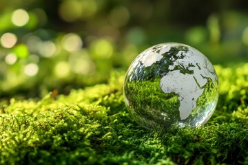 transparent glass globe resting on lush green moss, symbolizing environmental care and global awareness