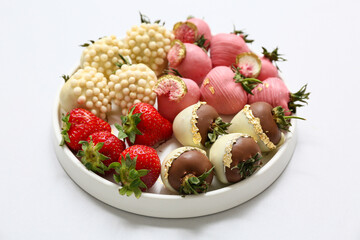 Plate with chocolate covered strawberries and fresh berries on grey background