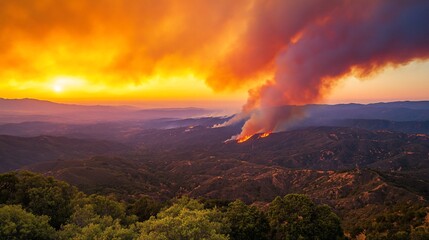 Fototapeta premium Fiery sunset over wildfire in mountain range.