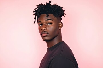 Obraz premium Portrait showcases confident young man against soft pink backdro