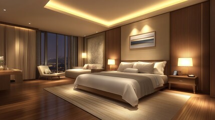 Luxury hotel room with modern interior design, king-size bed, stylish decor, and soft lighting
