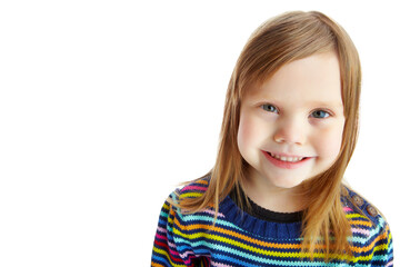 Studio, kid and girl in portrait for fashion, stylish and smile for kindergarten with mockup space....