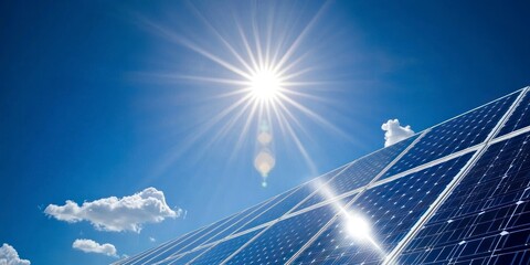 blue sky with the sun shining over solar panels, symbolizing clean energy and sustainable power.