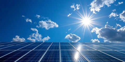 blue sky with the sun shining over solar panels, symbolizing clean energy and sustainable power.
