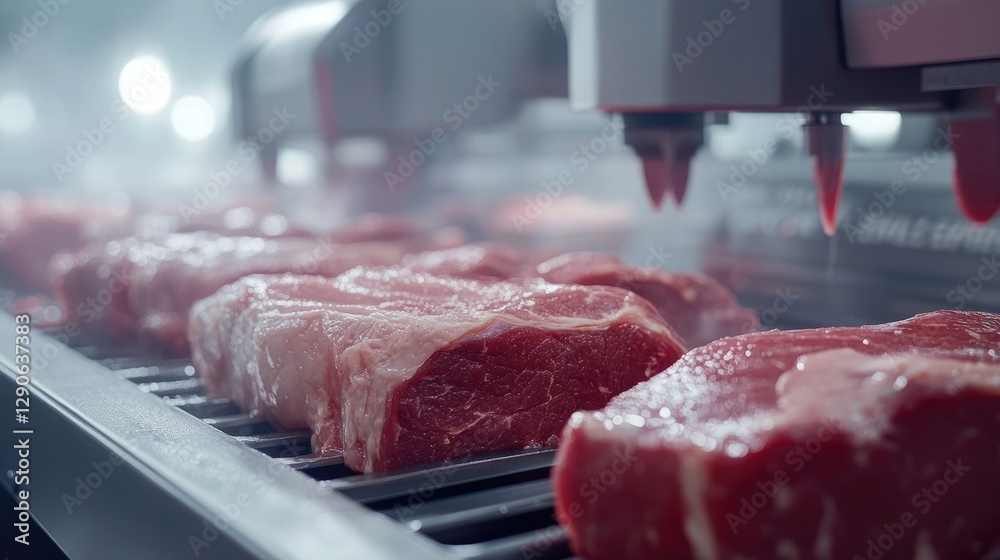 Poster meat processing factory with automated slicing and packaging machines in operation
