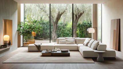 Fototapeta premium Modern Living Room Interior Featuring Large Windows and Natural Greenery in a Serene Home Environment