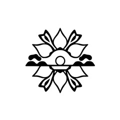 Flower-shaped symmetrical black and white image, lotus-like floral design with a central circle.