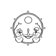 A serene stylized landscape featuring a candle or lamp in the center with surrounding small plant-like shapes and surrounded by a circular outline.