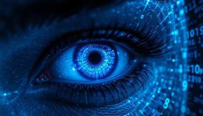 A close-up of a human eye with blue and green hues on a vibrant blue background