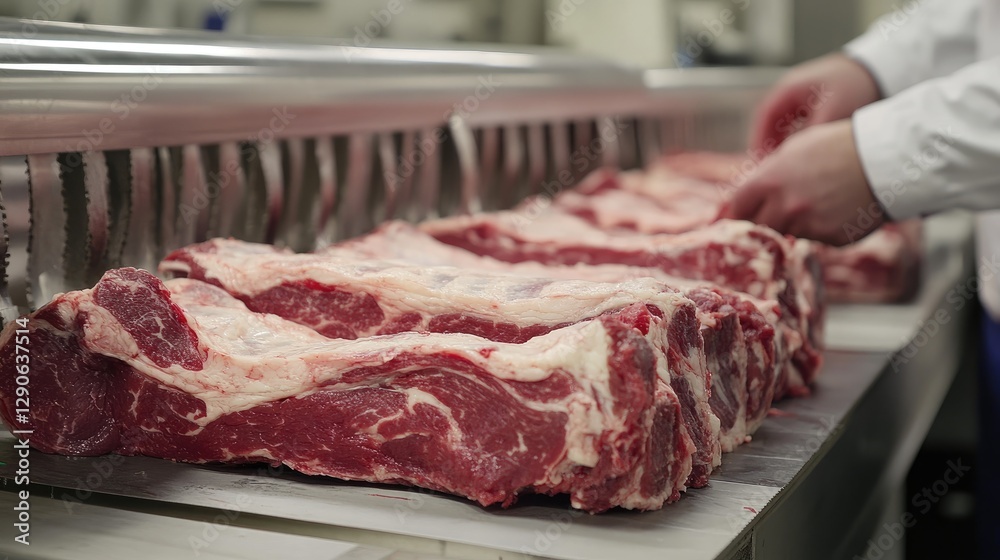 Poster meat processing factory with automated slicing and packaging machines in operation