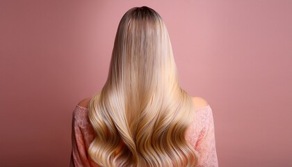 Fototapeta premium Hair care banner. Light, airy hair on a pastel background. Back view. A gentle style that emphasizes lightness, care, and freshness, with free space for text