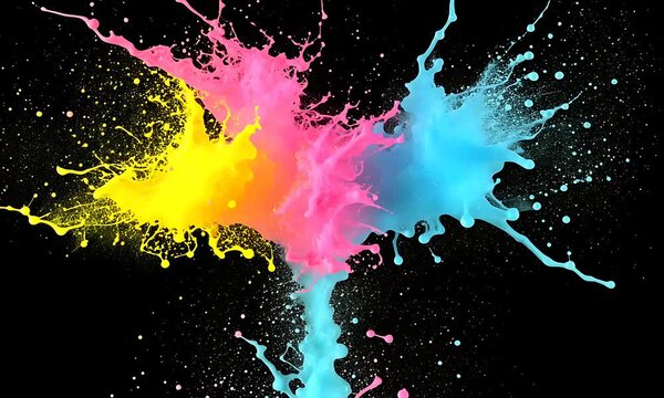 Vibrant color splashes explode against black background