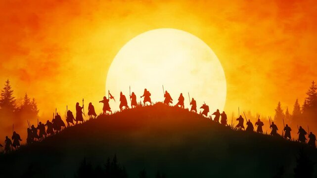 Animation d'une illustration de soldats m&eacute;di&eacute;vaux marchant sur une colline au soleil couchant.