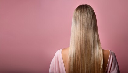 Fototapeta premium Hair care banner. Light, airy hair on a pastel background. Back view. A gentle style that emphasizes lightness, care, and freshness, with free space for text