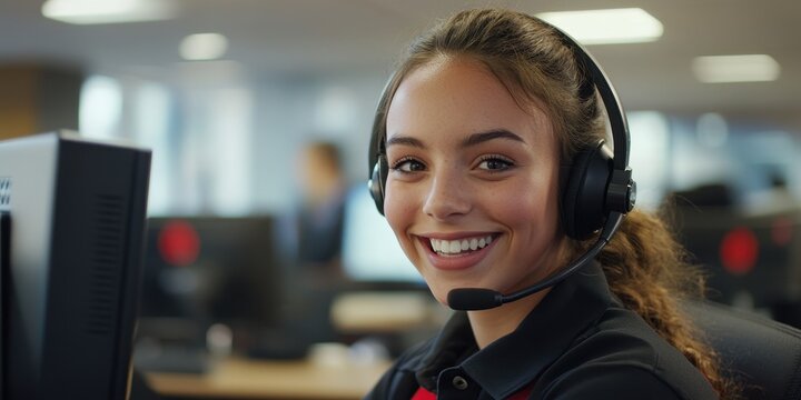 Friendly female telemarketing assistant smiling warmly while engaging with customers on a call.