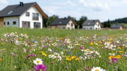 Obraz premium Colorful meadow with modern houses in the background. Ideal for showcasing a new neighborhood, rural living, or home building