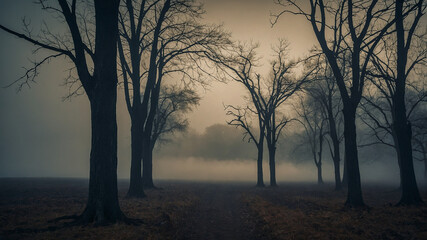  Foggy Forest Path with Bare Trees at Dusk