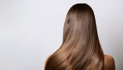 Fototapeta premium Hair care banner. Women's hair care products. Smooth and silky hair. Back view. Straight, shiny hair cascading down the back on a neutral background with free space for text